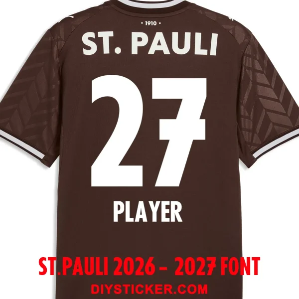 st-pauli-2026-2027-font-jersey-effect FC St. Pauli 2026-2027 font download on brown jersey with solid white number twenty seven layout