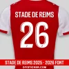 stade-de-reims-2025-2026-font-jersey-effect Stade de Reims 2025-2026 font download on red jersey with white curved inner line number twenty six layout