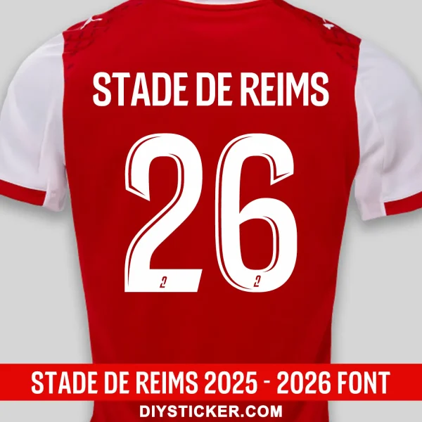 stade-de-reims-2025-2026-font-jersey-effect Stade de Reims 2025-2026 font download on red jersey with white curved inner line number twenty six layout