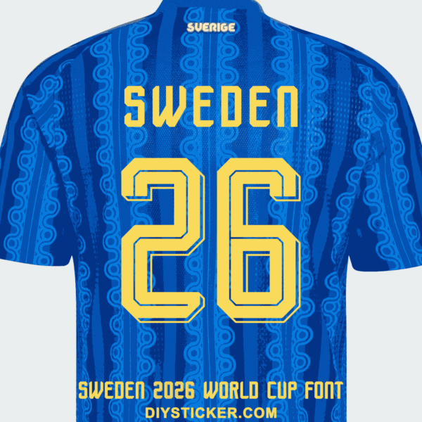 sweden-2026-world-cup-away-font-jersey-effect Sweden 2026 World Cup away font download on blue patterned away jersey with yellow chiseled number twenty six layout