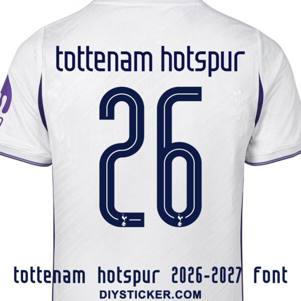 tottenham-hotspur-2026-2027-font-jersey-effect Tottenham Hotspur 2026-2027 font download on white home jersey with navy blue inline number twenty six layout