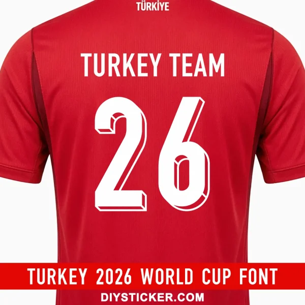 turkey-2026-world-cup-font-jersey-effect Turkey 2026 World Cup font download on red kit with white 3D block shadow number twenty six layout