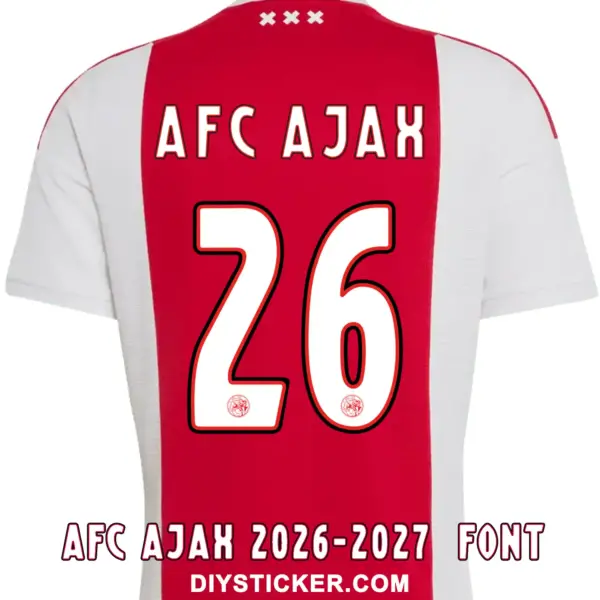 AFC Ajax 2026-2027 font download on classic white and red home jersey with white rounded number twenty six layout