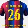 fc-barcelona-2026-2027-font-application-effect FC Barcelona 2026-2027 UCL font download on striped Blaugrana jersey with yellow cup number twenty six layout