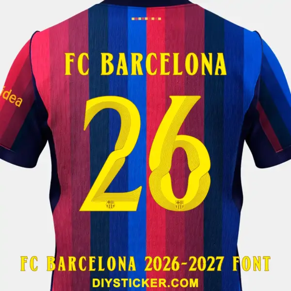 fc-barcelona-2026-2027-font-application-effect FC Barcelona 2026-2027 UCL font download on striped Blaugrana jersey with yellow cup number twenty six layout