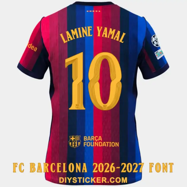 fc-barcelona-2026-2027-font-jersey-effect FC Barcelona 2026-2027 UCL font layout showing player name Lamine Yamal and number ten on Champions League kit stripes