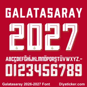 Galatasaray 2026-2027 font TTF vector kit complete character sheet alphabet glyphs and white 3D block numbers zero to nine with gold shadow detail