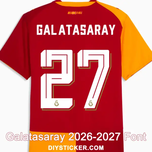 galatasaray-2026-2027-font-jersey-effect Galatasaray 2026-2027 font download on red split home jersey with white 3D number twenty seven layout
