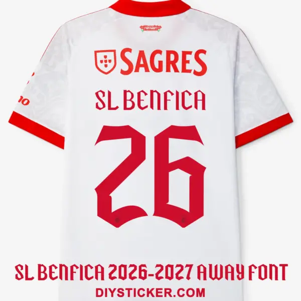 sl-benfica-2026-2027-away-font-application-effect SL Benfica 2026-2027 away font download on white away jersey with red Gothic number twenty six layout