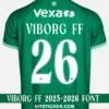 viborg-ff-2026-2027-font-application-effect Viborg FF 2026-2027 font download on green home jersey with white serif number twenty six layout