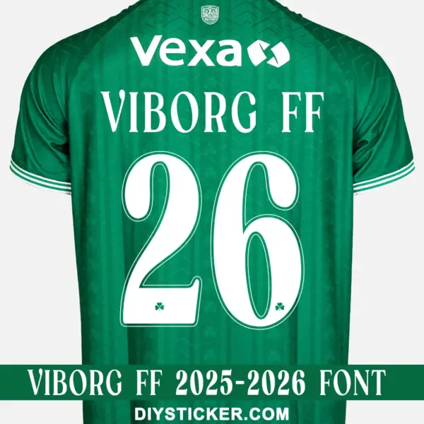 viborg-ff-2026-2027-font-application-effect Viborg FF 2026-2027 font download on green home jersey with white serif number twenty six layout