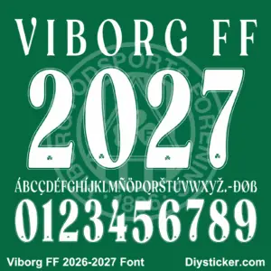 Viborg FF 2026-2027 font TTF vector kit complete character sheet alphabet glyphs and white serif numbers zero to nine with shamrock detail