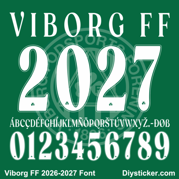 viborg-ff-2026-2027-font-download Viborg FF 2026-2027 font TTF vector kit complete character sheet alphabet glyphs and white serif numbers zero to nine with shamrock detail