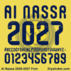 Complete navy blue stylized alphabet vectors and halftone dot number character map sheet for Al Nassr 2026-2027 font