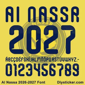 Complete navy blue stylized alphabet vectors and halftone dot number character map sheet for Al Nassr 2026-2027 font