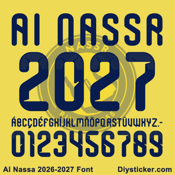 Complete navy blue stylized alphabet vectors and halftone dot number character map sheet for Al Nassr 2026-2027 font