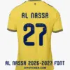 Al Nassr 2026-2027 font applied on yellow jersey back showing dark navy AL NASSR text and halftone number twenty seven