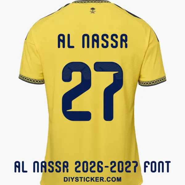 Al Nassr 2026-2027 font applied on yellow jersey back showing dark navy AL NASSR text and halftone number twenty seven