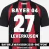 bayer-leverkusen-2026-2027-font-application-effect Bayer Leverkusen 2026-2027 font applied on red and black striped jersey back showing white text and number 27