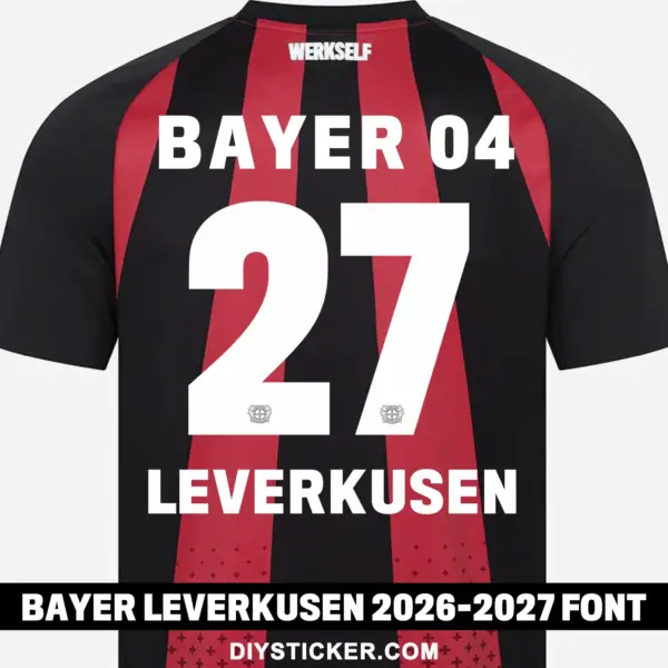 bayer-leverkusen-2026-2027-font-application-effect Bayer Leverkusen 2026-2027 font applied on red and black striped jersey back showing white text and number 27
