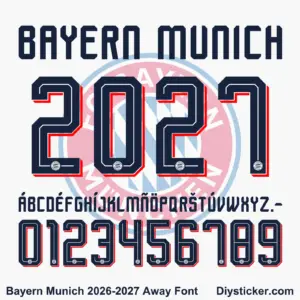 Complete navy alphabet vectors and red shadow 3D number character map sheet for Bayern Munich 2026-2027 away font pack