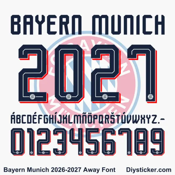 Complete navy alphabet vectors and red shadow 3D number character map sheet for Bayern Munich 2026-2027 away font pack
