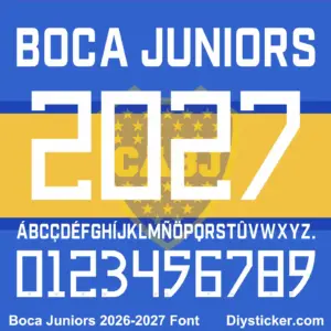 Complete white alphabet letter vectors and angular number character map sheet for Boca Juniors 2026-2027 font download