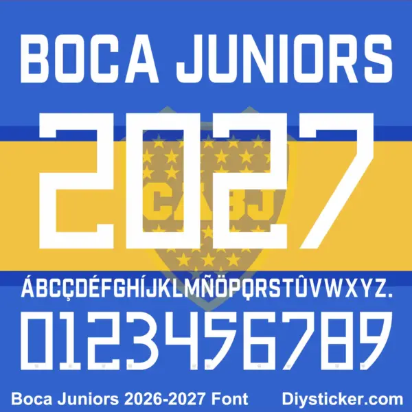 boca-juniors-2026-2027-font-downloads Complete white alphabet letter vectors and angular number character map sheet for Boca Juniors 2026-2027 font download