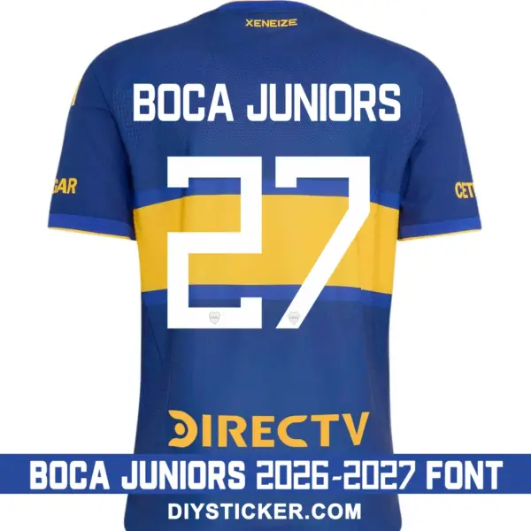 boca-juniors-2026-2027-font-jersey-effect Boca Juniors 2026-2027 font applied on blue home jersey back showing white text and angular block number twenty seven