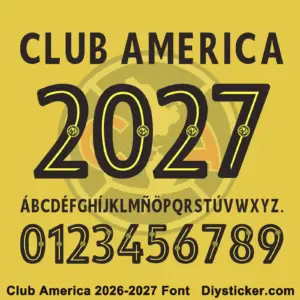 Complete navy uppercase alphabet vectors and yellow-inlined number character map sheet for Club America 2026-2027 font