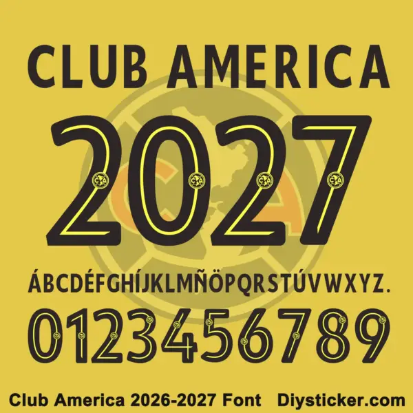 club-america-2026-2027-font-download Complete navy uppercase alphabet vectors and yellow-inlined number character map sheet for Club America 2026-2027 font