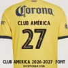 club-america-2026-2027-font-jersey-effect Club America 2026-2027 font applied on yellow jersey back showing dark navy CLUB AMÉRICA text and number 27