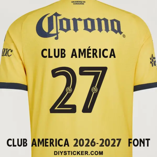 club-america-2026-2027-font-jersey-effect Club America 2026-2027 font applied on yellow jersey back showing dark navy CLUB AMÉRICA text and number 27