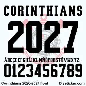 corinthians-2026-2027-font-download Complete black alphabet letters and athletic slab serif number character map sheet for Corinthians 2026-2027 font