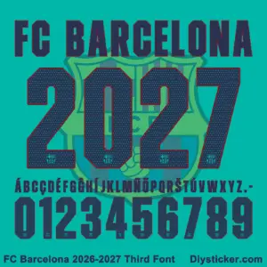 Complete navy alphabet vectors and red bordered halftone dot number character map sheet for FC Barcelona 2026-2027 third font