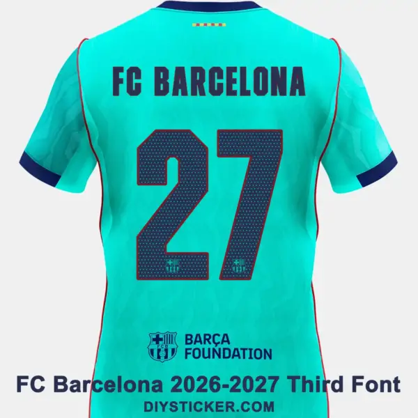 FC Barcelona 2026-2027 third font applied on turquoise jersey back showing navy text and halftone number twenty seven