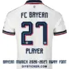 Bayern Munich 2026-2027 away font applied on white jersey back showing dark navy text and 3D shadow number twenty seven