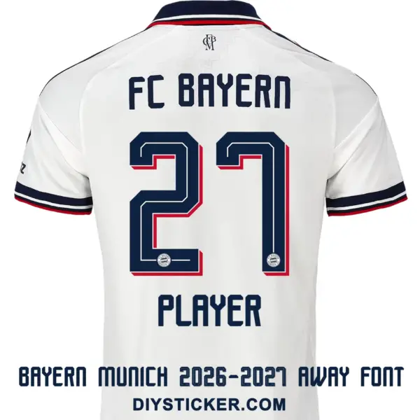 Bayern Munich 2026-2027 away font applied on white jersey back showing dark navy text and 3D shadow number twenty seven