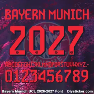 Complete red stencil alphabet vectors and 3D shadow number character map sheet for Bayern Munich UCL 2026-2027 font
