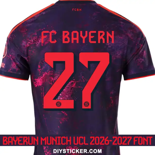 fc-bayern-munich-ucl-2026-2027-font-jersey-effect Bayern Munich UCL 2026-2027 font applied on dark purple jersey back showing red FC BAYERN text and number 27