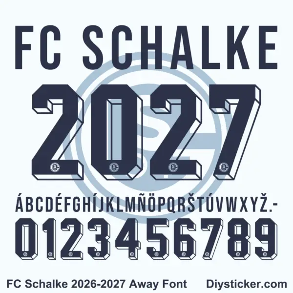 Complete navy alphabet vectors and 3D extruded number character map sheet for FC Schalke 2026-2027 away font