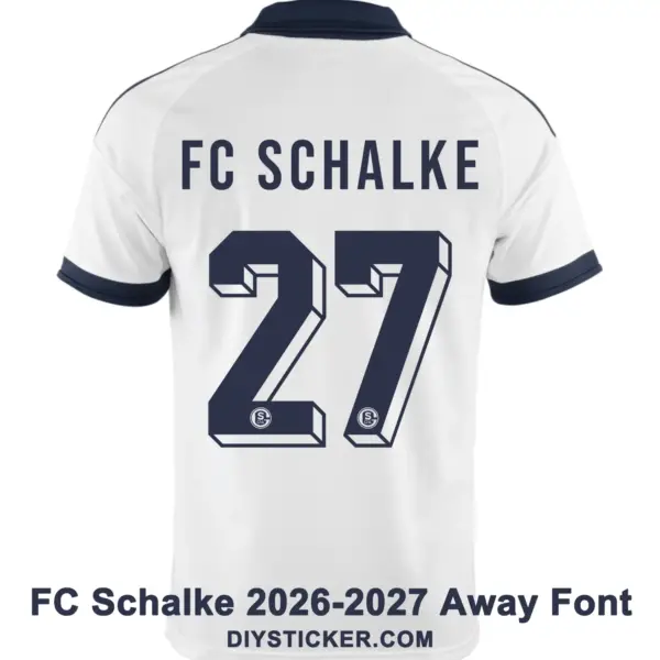 FC Schalke 2026-2027 away font applied on white jersey back showing dark navy text and 3D number twenty seven