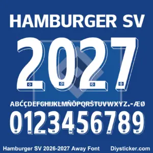 Complete white alphabet vectors and 3D bevel number character map sheet for Hamburger SV 2026-2027 away font