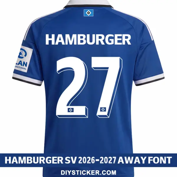 Hamburger SV 2026-2027 away font applied on blue jersey back showing white HAMBURGER text and number 27