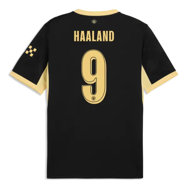 Manchester City 2026-2027 third font applied on black jersey back showing gold HAALAND text and number 9
