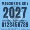 Complete navy uppercase alphabet vectors and inlined number character map sheet for Manchester City 2026-2027 font