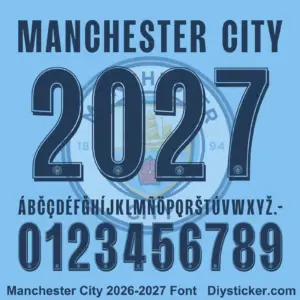 Complete navy uppercase alphabet vectors and inlined number character map sheet for Manchester City 2026-2027 font