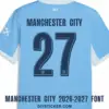 Manchester City 2026-2027 font applied on sky blue jersey back showing dark navy MANCHESTER CITY text and number 27