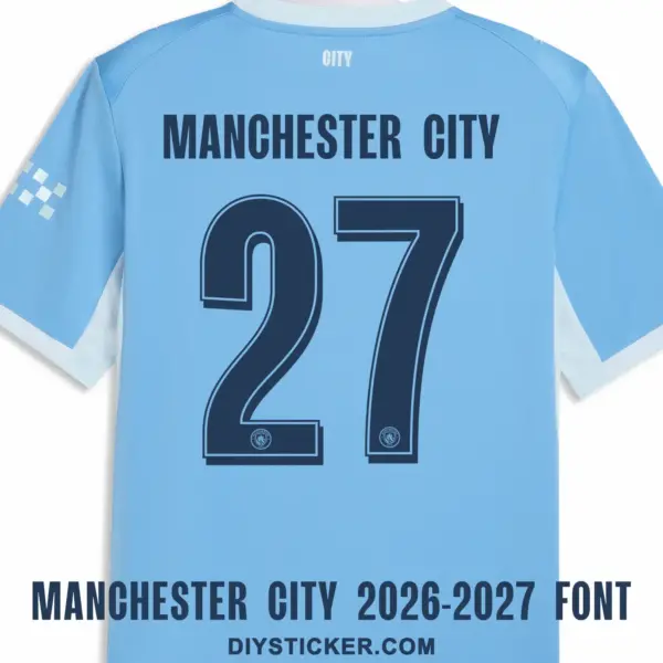 Manchester City 2026-2027 font applied on sky blue jersey back showing dark navy MANCHESTER CITY text and number 27