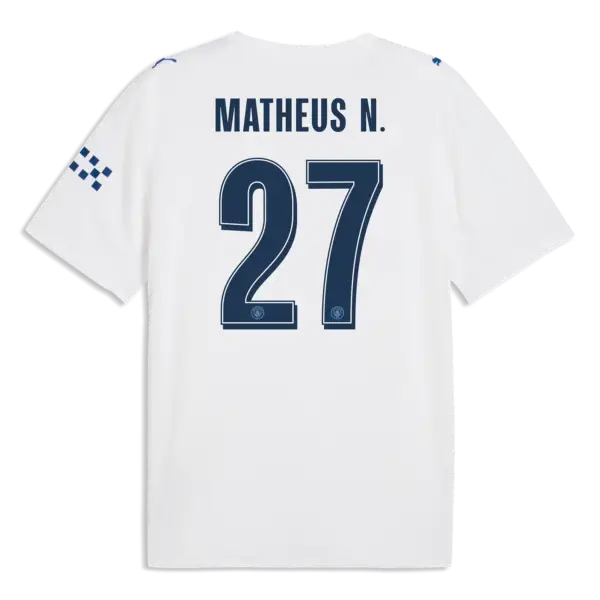 Manchester City 2026-2027 away font applied on white jersey back showing dark navy MATHEUS N. text and number 27